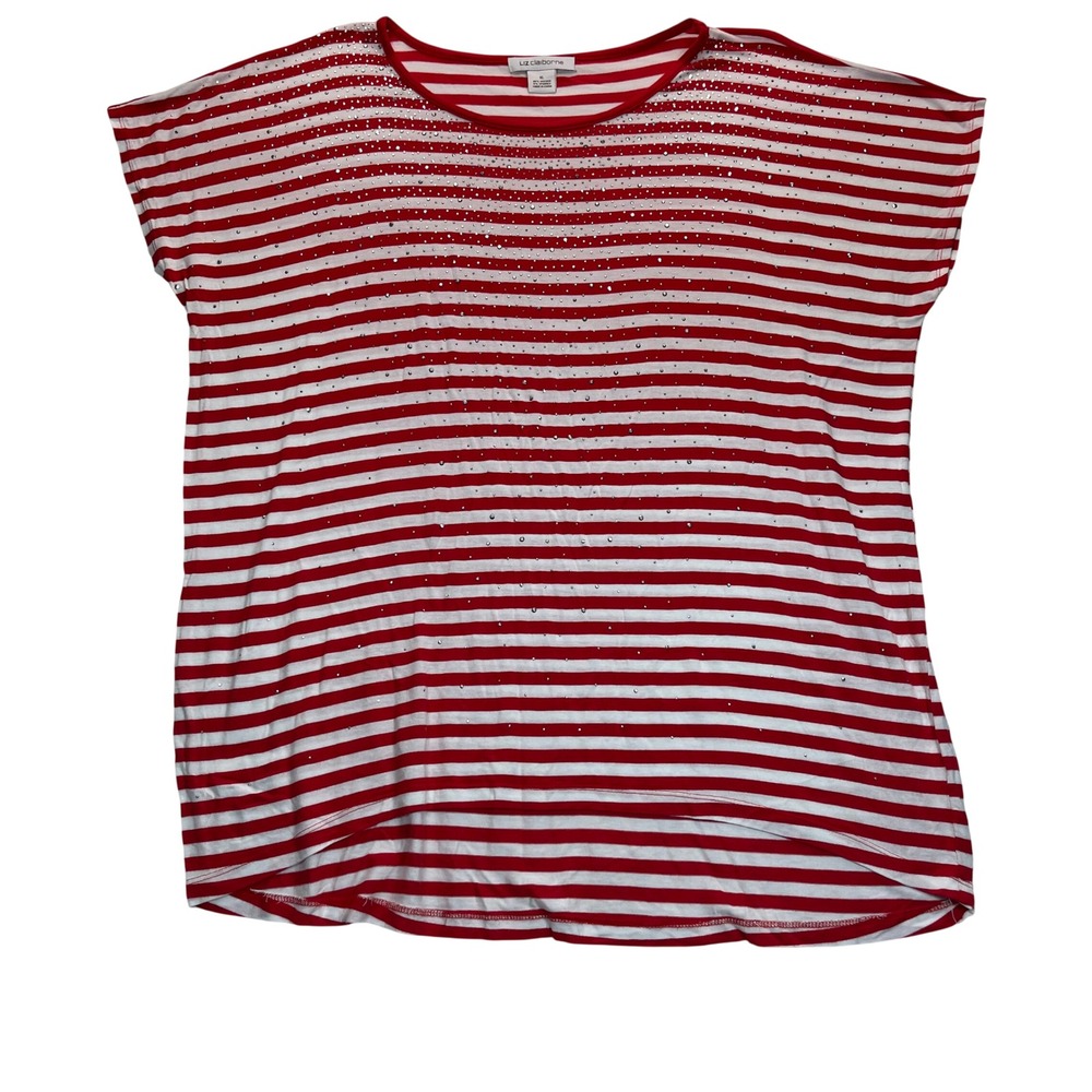 Liz Claiborne Striped Top Women XL‎ Red Rhinestone Oversized Nautical Cap Sleeve